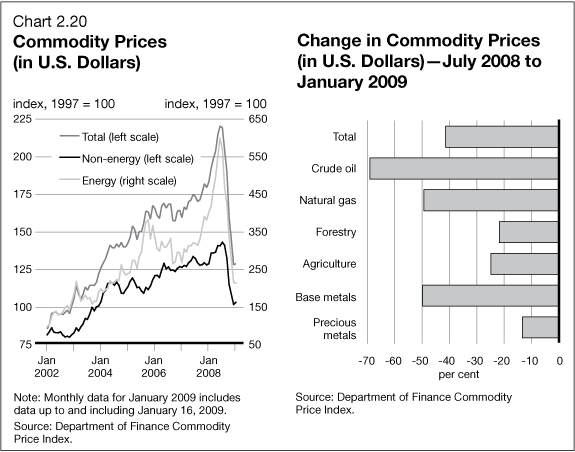 Chart 2.20 - Commodity Prices (in U.S. Dollars) / Change in Commodity Prices (in U.S. Dollars) - July 2008 to January 2009
