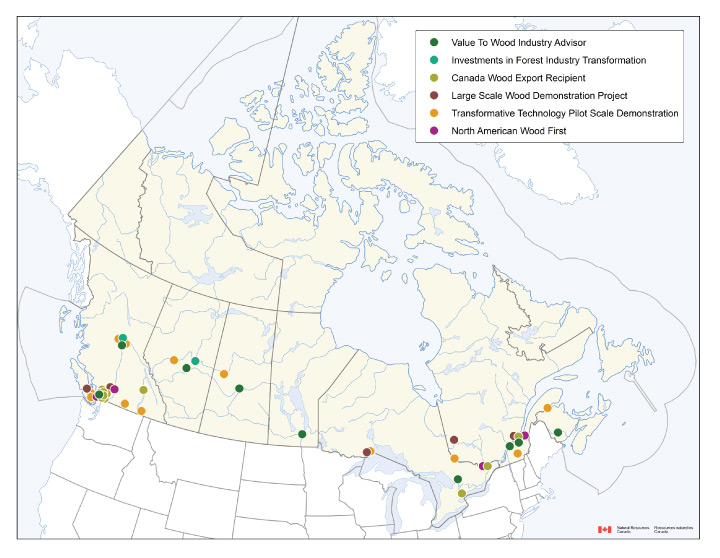 Forestry: Support for Innovation and Market Diversification Across Canada. For details, see the previous Support for Forestry section.