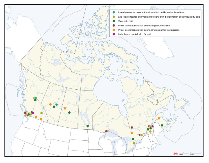 Secteur forestier : Soutien de l’innovation et de la diversification des marchés dans l’ensemble du Canada. Pour plus de dtails, consulter la section Aide au secteur forestier, ci-dessus.