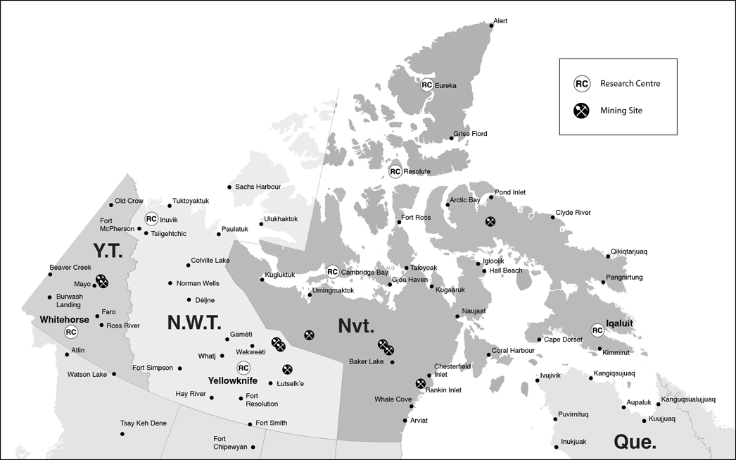 Figure 7.1: Canada's Northern Frontier: Select Research Sites and Mining Activity