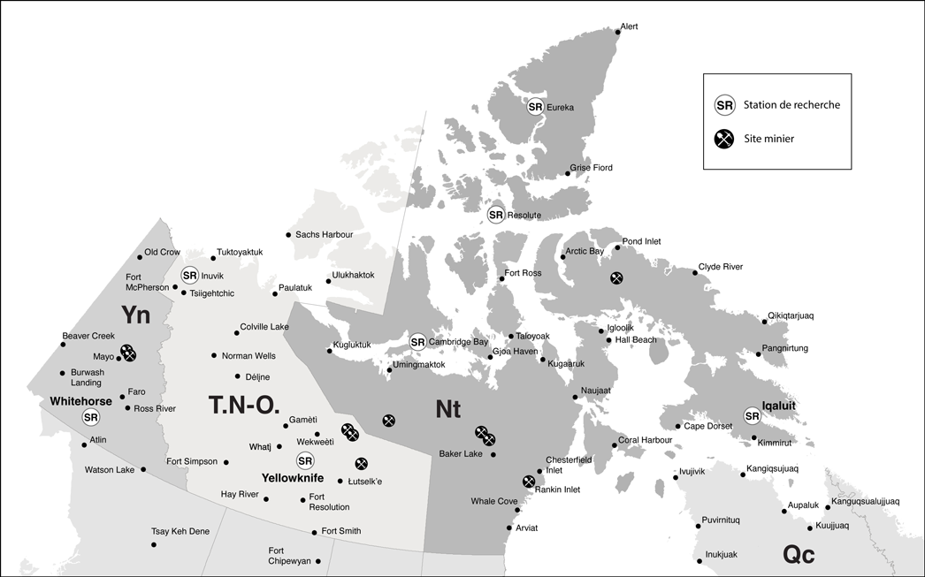 Figure 7.1 : La frontière nord du Canada : sites de recherche et activité minière sélectionnés
