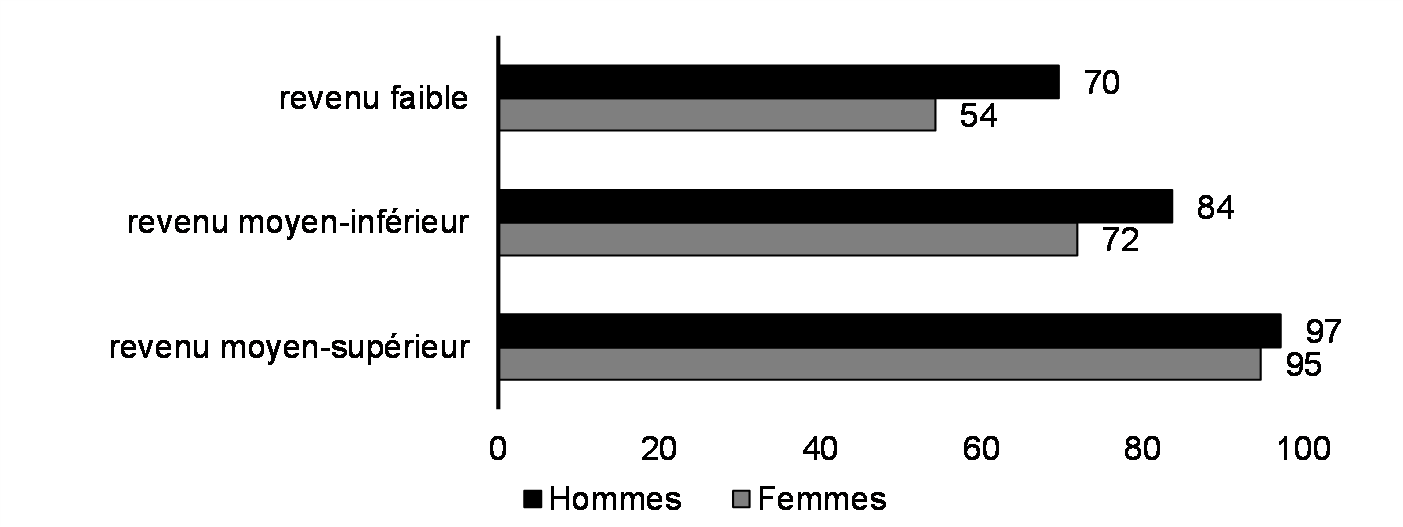 Taux de littératie des adultes par sexe et par groupe de revenu (15 ans et plus, %, 2022 ou après)